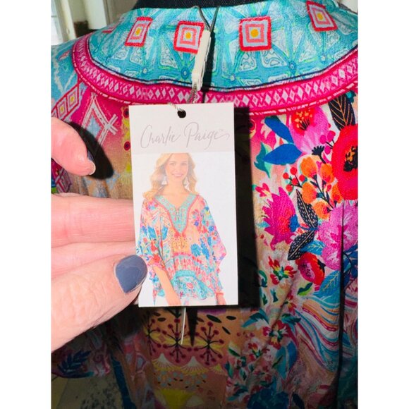 NWT Charlie Paige Multicolor Floral Boho Tunic Kaftan Top One Size 100% Viscose - Picture 7 of 11